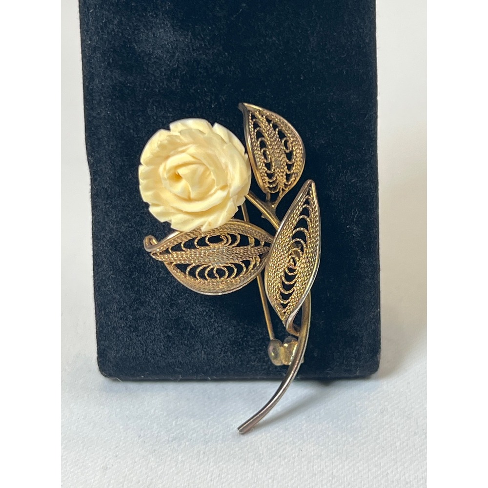 Vintage Gold Tone Filigree Carved Rose Flower Brooch Pin Cream Floral 2 Inch